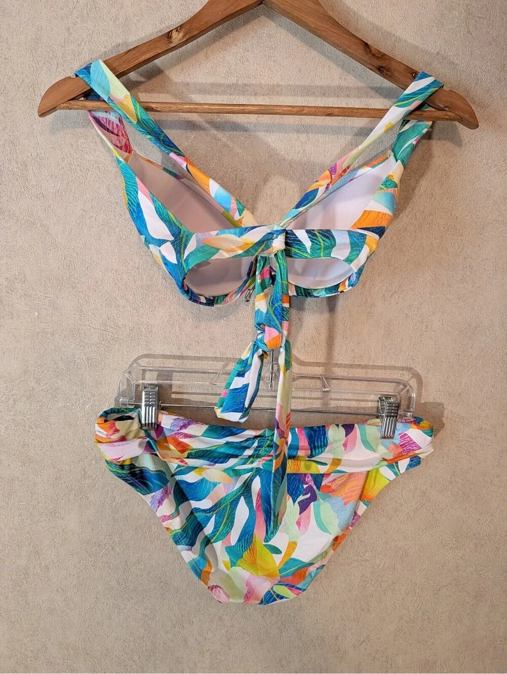 LA BLANCA blue pink white leaf pattern bikini set sz S